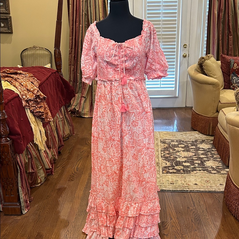 Women's Pink Floral Ruffle Maxi Dress Allison Large